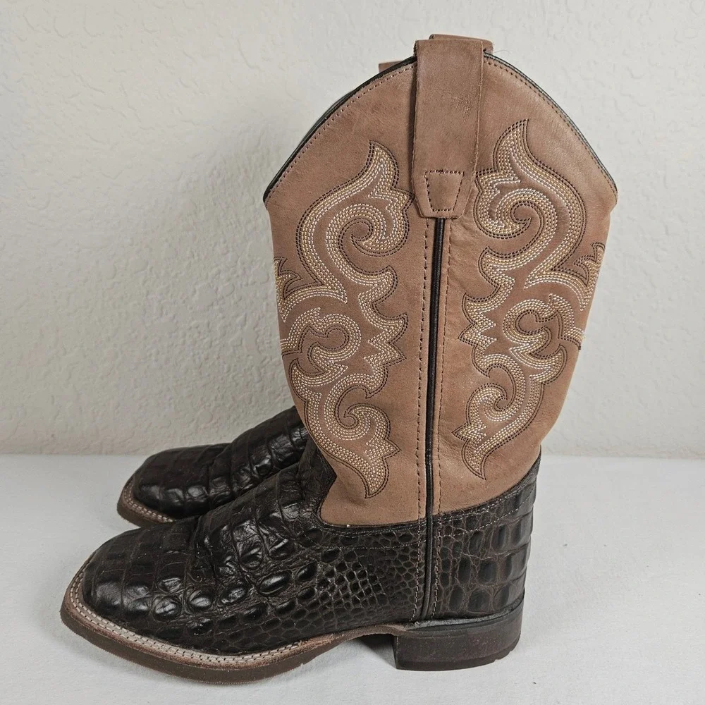 Old West BSY1832 Youth Cowboy Boots Brown Caiman Print Leather Square Toe SZ 4D